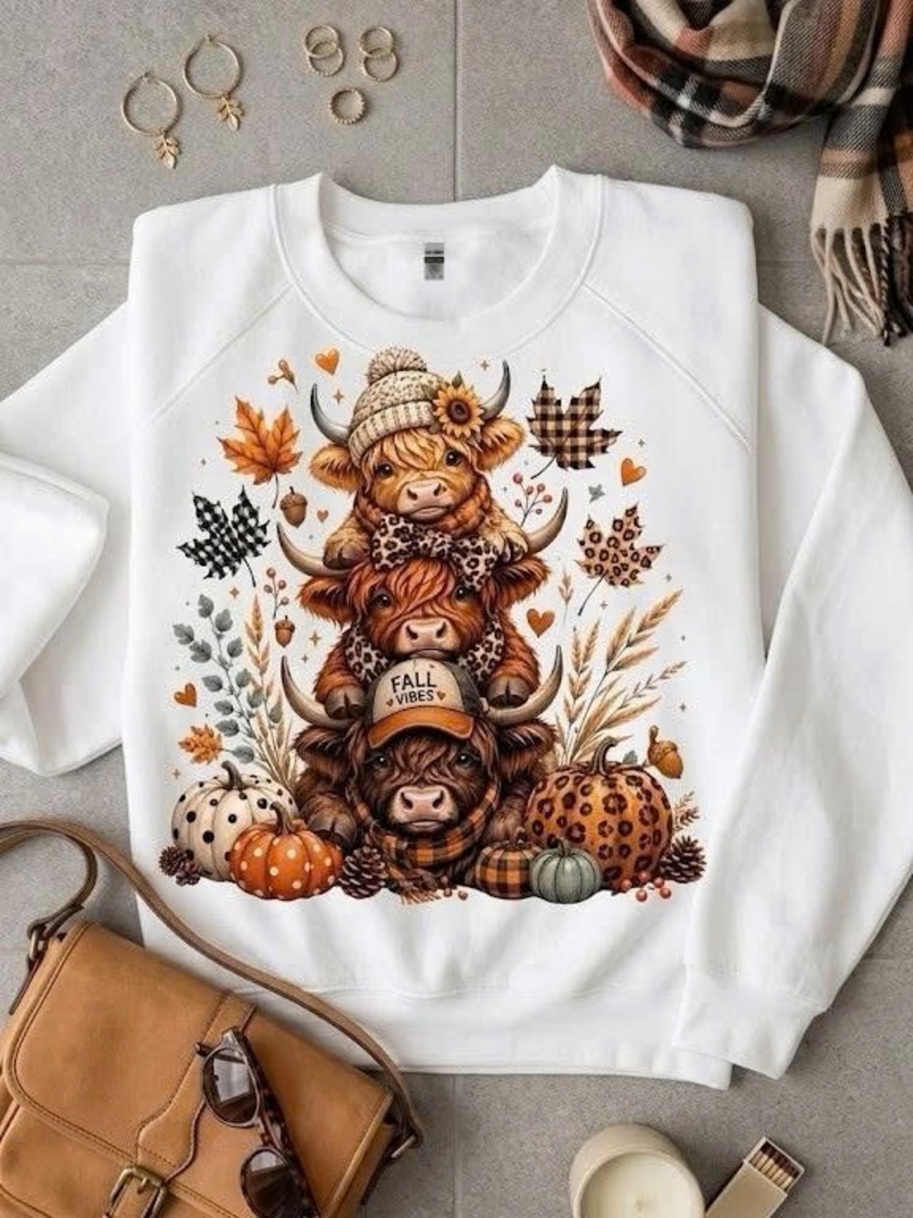 Highland Cow Fall Vibes Sweatshirt Cute Pumpkin Autumn Graphic Crewneck